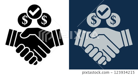 Business Agreement Icon. Black and White Handshake Symbol with Dollar Signs and Check Mark, Financial Partnership, Investment Deal, Economic Success, Trust, Banking, and Corporate Cooperation Business Agreement Icon. Black and White Handshake Symbol with Dollar Signs and Check Mark, Financial Partnership, Investment Deal, Economic Success, Trust, Banking, and Corporate Cooperation 123934215