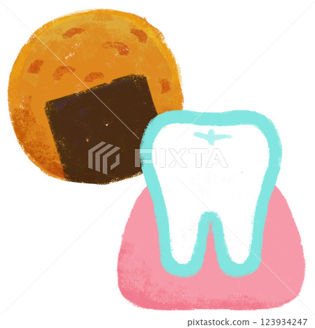 Simple illustration, crayon touch, hard rice crackers and strong teeth 123934247