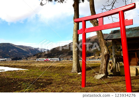 A view of the original Japanese landscape, Tono City, with a view of the shrine and the railway near Ayaori A view of the original Japanese landscape, Tono City, with a view of the shrine and the railway near Ayaori 123934276