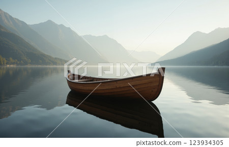 A small wooden rowboat floating perfectly still on a glassy lake, its reflection mirrored flawlessly in the water. Surrounding the lake are distant A small wooden rowboat floating perfectly still on a glassy lake, its reflection mirrored flawlessly in the water. Surrounding the lake are distant 123934305