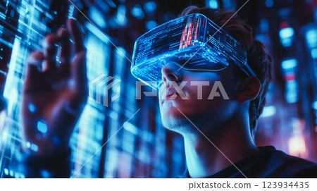 A man wears digital glasses and gazes at a holographic display. Futuristic technology and innovation. Generative AI. 123934435