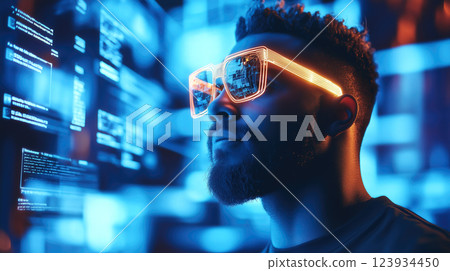 A man wears digital glasses and gazes at a holographic display. Futuristic technology and innovation. Generative AI. A man wears digital glasses and gazes at a holographic display. Futuristic technology and innovation. Generative AI. 123934450