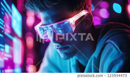 A man wears digital glasses and gazes at a holographic display. Futuristic technology and innovation. Generative AI. 123934473