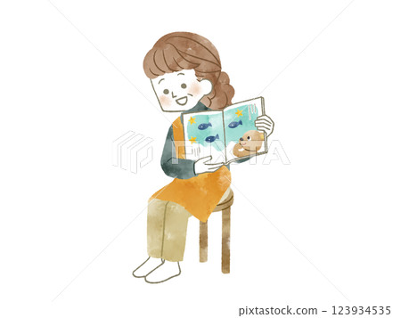 Woman reading a picture book - watercolor 123934535