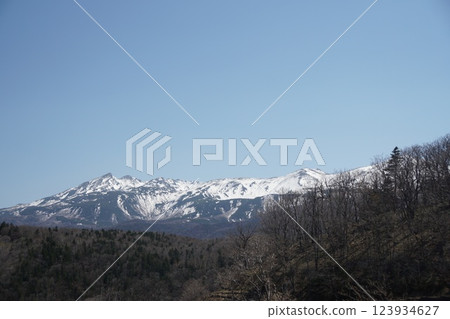 從知床五湖眺望白雪皚皚的知床山脈和蔚藍的天空 123934627