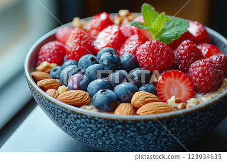Breakfast oatmeal with fresh berries and nuts 123934635