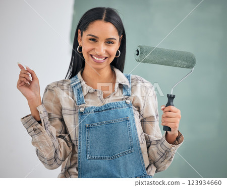 Paint, wall and woman with brush for renovation portrait for home inspiration, construction idea o room design motivation with green color and mock up. Happy woman painter with diy house project 123934660