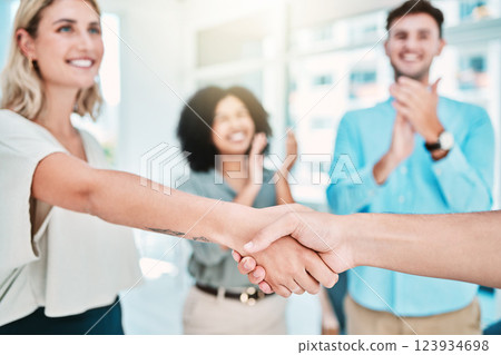 Business people, handshake and clapping for b2b partnership in success, vision and growth at the office. Hand of woman with smile shaking hands for company agreement, meeting or deal at the workplace 123934698