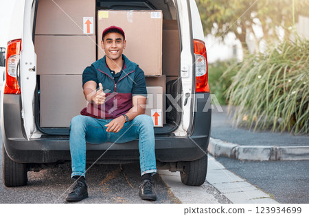 Delivery, box and man in truck with thumbs up, trust and success in courier service for ecommerce business. Supply chain, cargo and logistics driver with smile in van with retail stock for transport. 123934699