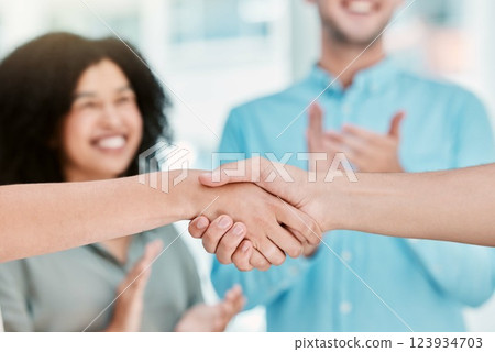 Business deal, handshake and partnership with employees shaking hands in b2b office agreement after negotiation. Hiring, closeup and hands of man and woman partner celebrate collaboration success Business deal, handshake and partnership with employees shaking hands in b2b office agreement after negotiation. Hiring, closeup and hands of man and woman partner celebrate collaboration success 123934703