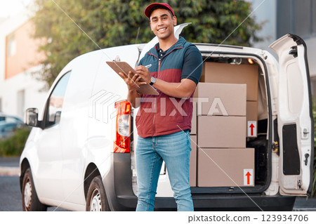 Delivery, list and courier writing on paper with boxes in a van in a street. Portrait of a young, happy and ecommerce worker working on documents, shipping and service for logistics with a car Delivery, list and courier writing on paper with boxes in a van in a street. Portrait of a young, happy and ecommerce worker working on documents, shipping and service for logistics with a car 123934706