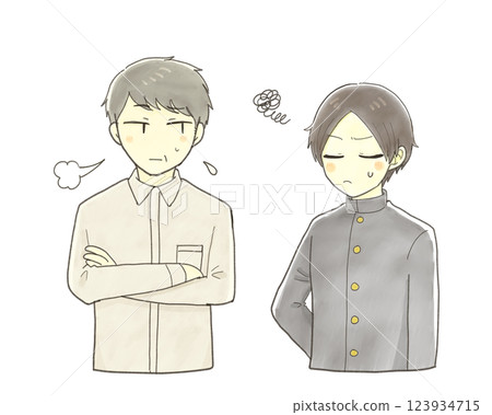 A disgruntled male student and an anxious middle-aged man A disgruntled male student and an anxious middle-aged man 123934715