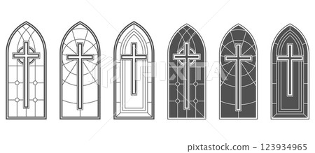 Gothic church window frames with medieval pattern. Stained glass cathedral arches. Vintage catholic architecture shapes on white background. Renaissance outline decorations with cross. Vector 123934965
