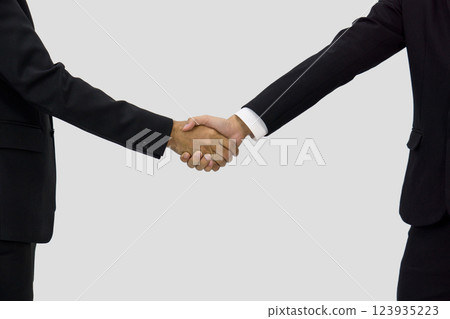 Two business professional in black suit are shaking hand, symbolizing a new partnership. The background is neutral, focusing on their handshake and professional demeanor. 123935223
