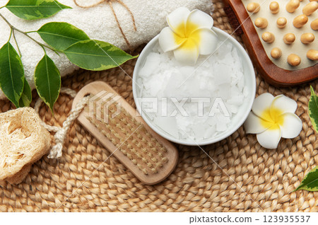 Spa composition promoting relaxation and self care with natural elements for body treatment 123935537