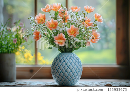 Living with pretty orange flowers on the windowsill 123935673