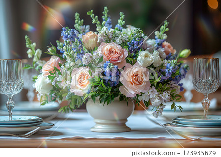 Gorgeous floral arrangements for an elegant table 123935679