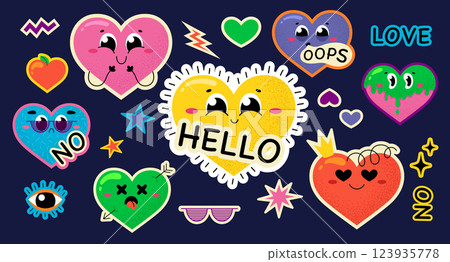 Set of beautiful different stickers of hearts with emotions. Bright vector illustration on a dark background. Creative doodle set. 123935778