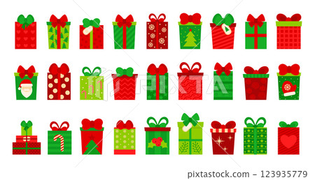 Gift boxes, presents isolated on white. Colorful wrapped. Collection for Christmas. For Vector  flat design. 123935779