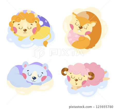 Cute images with sleeping animals on the clouds. Cute images with sleeping animals on the clouds. 123935780