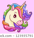 Multicolored unicorn on a pink background. For postcards, posters, children's publications and more. 123935791