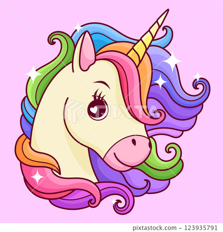 Multicolored unicorn on a pink background. For postcards, posters, children's publications and more. Multicolored unicorn on a pink background. For postcards, posters, children's publications and more. 123935791