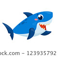 Cartoon cute shark smiles and waves. Illustration on a white background. 123935792