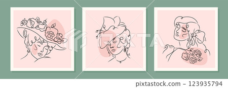 Set of postcards with silhouettes of beautiful girls. Vector illustration isolated on white background. 123935794