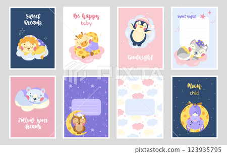 Cute postcards with animals. Sleeping animals on the clouds. 123935795