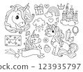 Set with unicorns, hearts, clouds, rainbows and other elements. For T-shirts, textiles, cards, posters, coloring books. 123935797