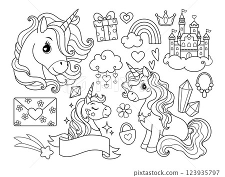 Set with unicorns, hearts, clouds, rainbows and other elements. For T-shirts, textiles, cards, posters, coloring books. 123935797