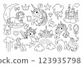 Set with unicorns, hearts, clouds, rainbows and other elements. For T-shirts, textiles, cards, posters, coloring books. 123935798
