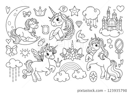 Set with unicorns, hearts, clouds, rainbows and other elements. For T-shirts, textiles, cards, posters, coloring books. 123935798