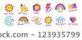Fun elements with emoticons and support. For cards, stickers, posters, children's publications and more. 123935799