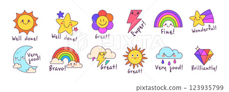 Fun elements with emoticons and support. For cards, stickers, posters, children's publications and more. 123935799