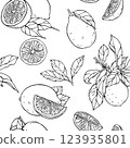 Lemon and leaf pattern. For cards, posters, textiles, etc. with hand drawn elements. 123935801