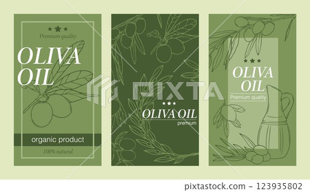 Olive oil and olives banners, labels. Hand drawn vector illustration. 123935802