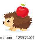 Cute little hedgehog vector. Adorable cartoon brown hedgehog with a red apple. 123935804