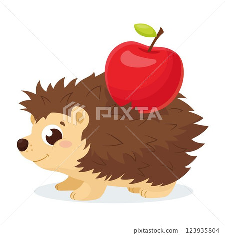 Cute little hedgehog vector. Adorable cartoon brown hedgehog with a red apple. 123935804