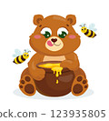 Cartoon brown bear with a pot of honey and two bees on a white background. 123935805