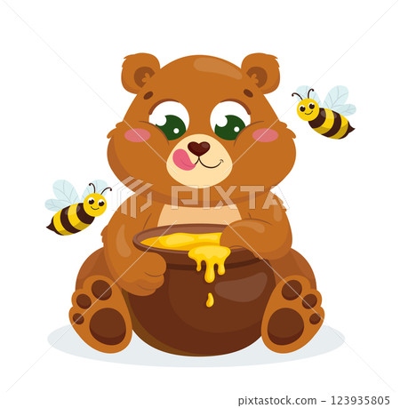 Cartoon brown bear with a pot of honey and two bees on a white background. 123935805
