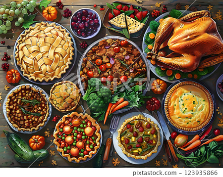 wide variety of fresh autumn vegetables and festive dishes on a vibrant table setup 123935866