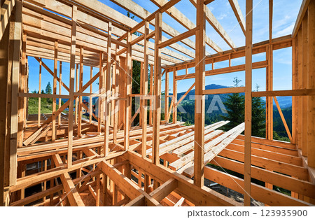 Residential wooden frame building in progress near a forest. Start of new construction of comfortable house. The idea of modern ecological building techniques and contemporary architecture. 123935900