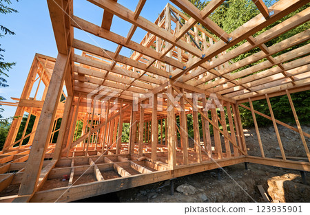 Housing wooden-frame house built near woodland area. Start of novel construction of comfortable cottage on edge of the forest. Concept of contemporary ecological construction and modern architecture. 123935901