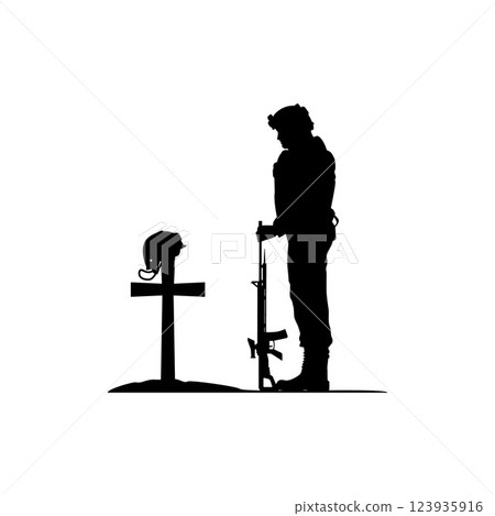 Silhouette of a soldier in front of a grave. Silhouette of a soldier in front of a grave. 123935916