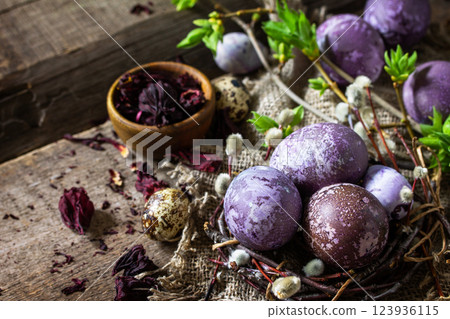 Easter egg dye purple. Homemade Eggs are painted with natural egg dye from dried hibiscus flowers on rustic table. Copy space. 123936115