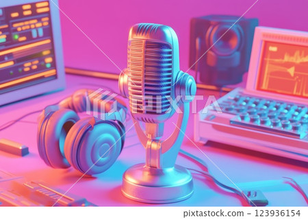 Retro microphone and headphones, illustration. 123936154