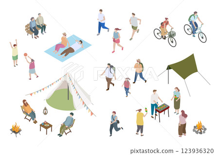 人們享受戶外活動的等距插圖 123936320