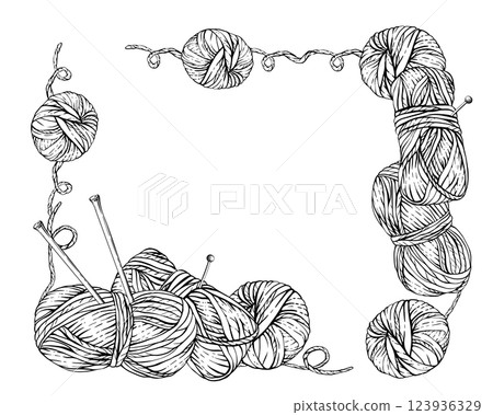 Skeins of knitting thread, balls of yarn with needles and pins rectangular frame. Vector line art hand drawing illustration. Hobby knitting template for handmade product label isolated from background Skeins of knitting thread, balls of yarn with needles and pins rectangular frame. Vector line art hand drawing illustration. Hobby knitting template for handmade product label isolated from background 123936329