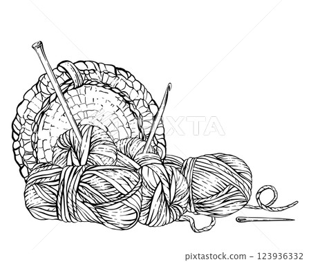 Skeins of knitting thread with needles, ball of yarn in crocheted wicker basket.vHobby knitting vector line art clipart. Hand drawn illustration for handicraft card, label. Isolated from background Skeins of knitting thread with needles, ball of yarn in crocheted wicker basket.vHobby knitting vector line art clipart. Hand drawn illustration for handicraft card, label. Isolated from background 123936332